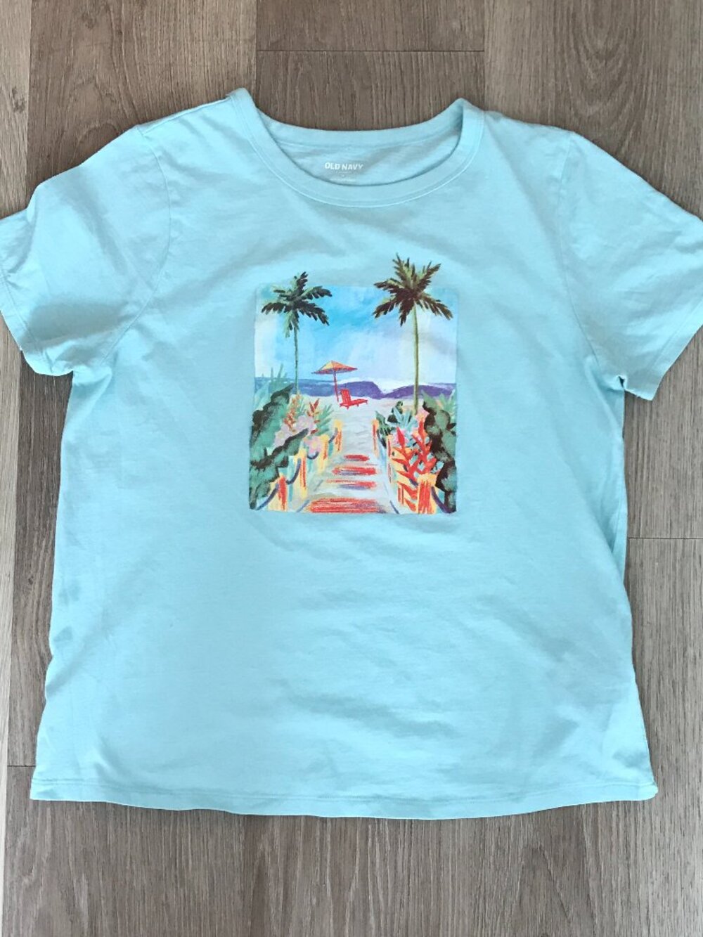 Old Navy Light Blue Graphic Tee | Tropical Palm Tree Beach | 100% Cotton | Med